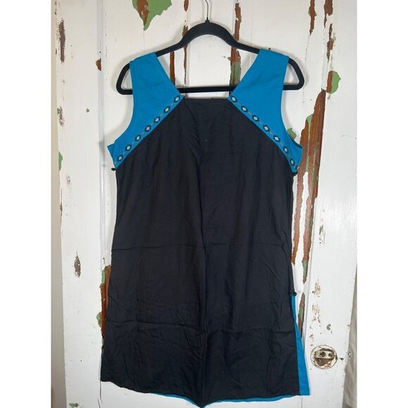 Coline Womens Size M Ethnic Shift Dress Blue Black Two Tone & Tassel Braid Trim - Picture 4 of 8